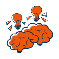 Illustration of two brains with light bulbs, showing people sharing ideas.